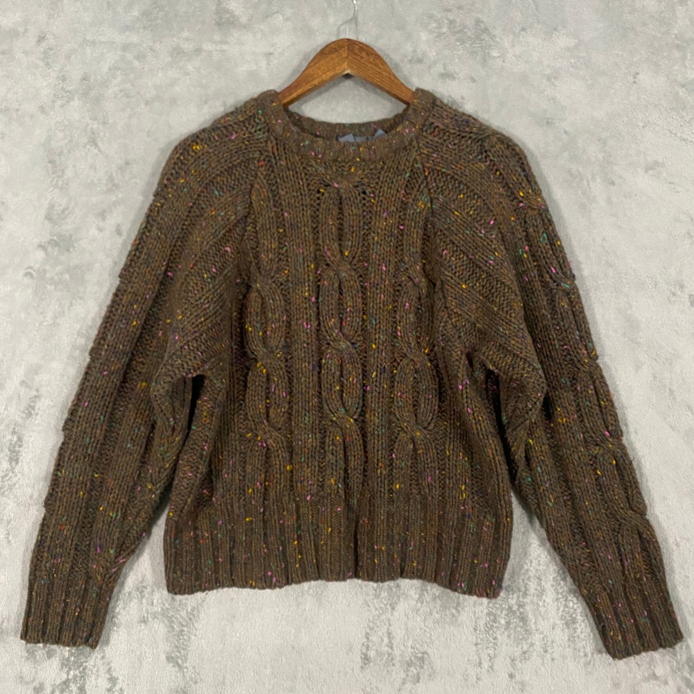 Lizwear Sweater Sz L Brown Confetti Cable Knit Wool Blend Chunky Cozy VTG Boho